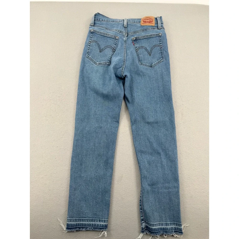 Levis Wedgie Straight High Rise Jeans Medium Wash Raw Hem Womens 28 (28x27) Blue